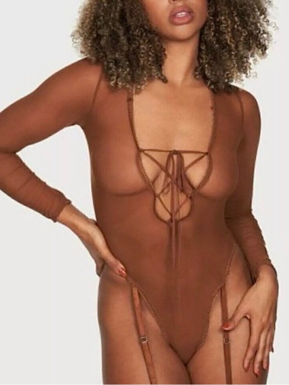 NWT Frederick's of Hollywood Mesh Bodysuit Teddy Sz.M Brown  Sheer Garter Sexy